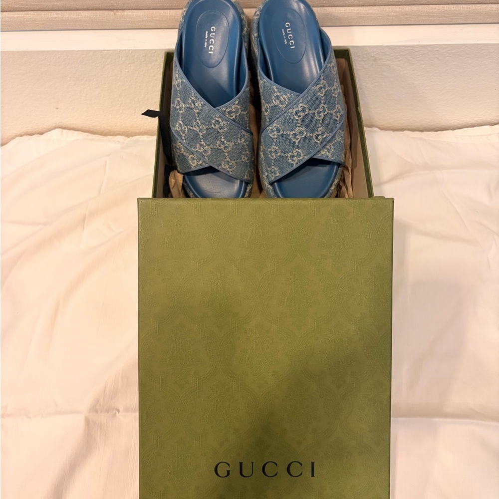 Gucci Light Blue Denim GG Crossband Slide Sandals - Picture 2 of 6